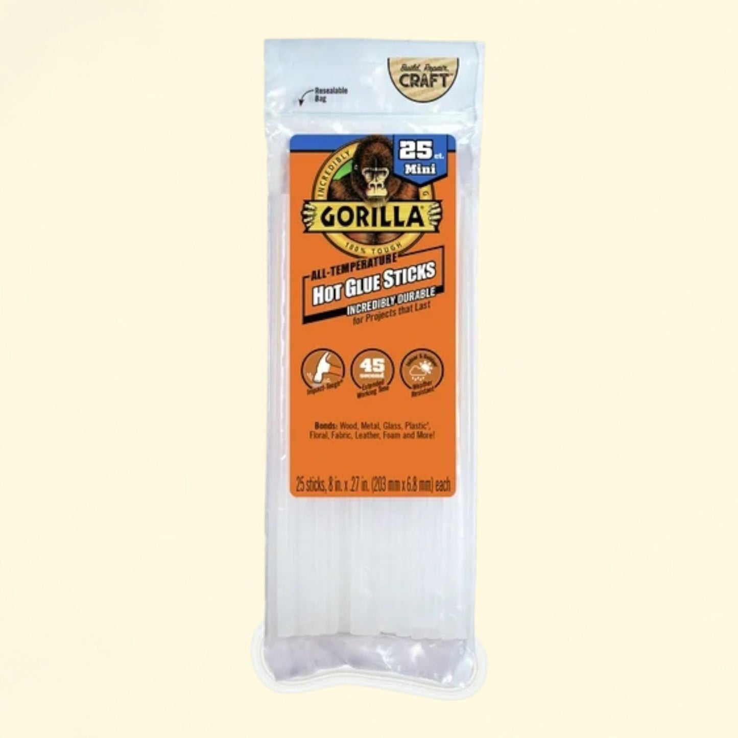 Gorilla Clear Mini Hot Glue Sticks, 8", 25 Count