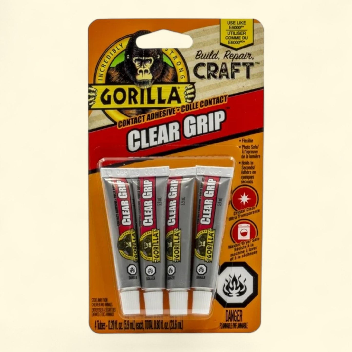 Gorilla Clear Grip Contact Glue, 5g (0.18 oz) Mini Tubes, 4 Count