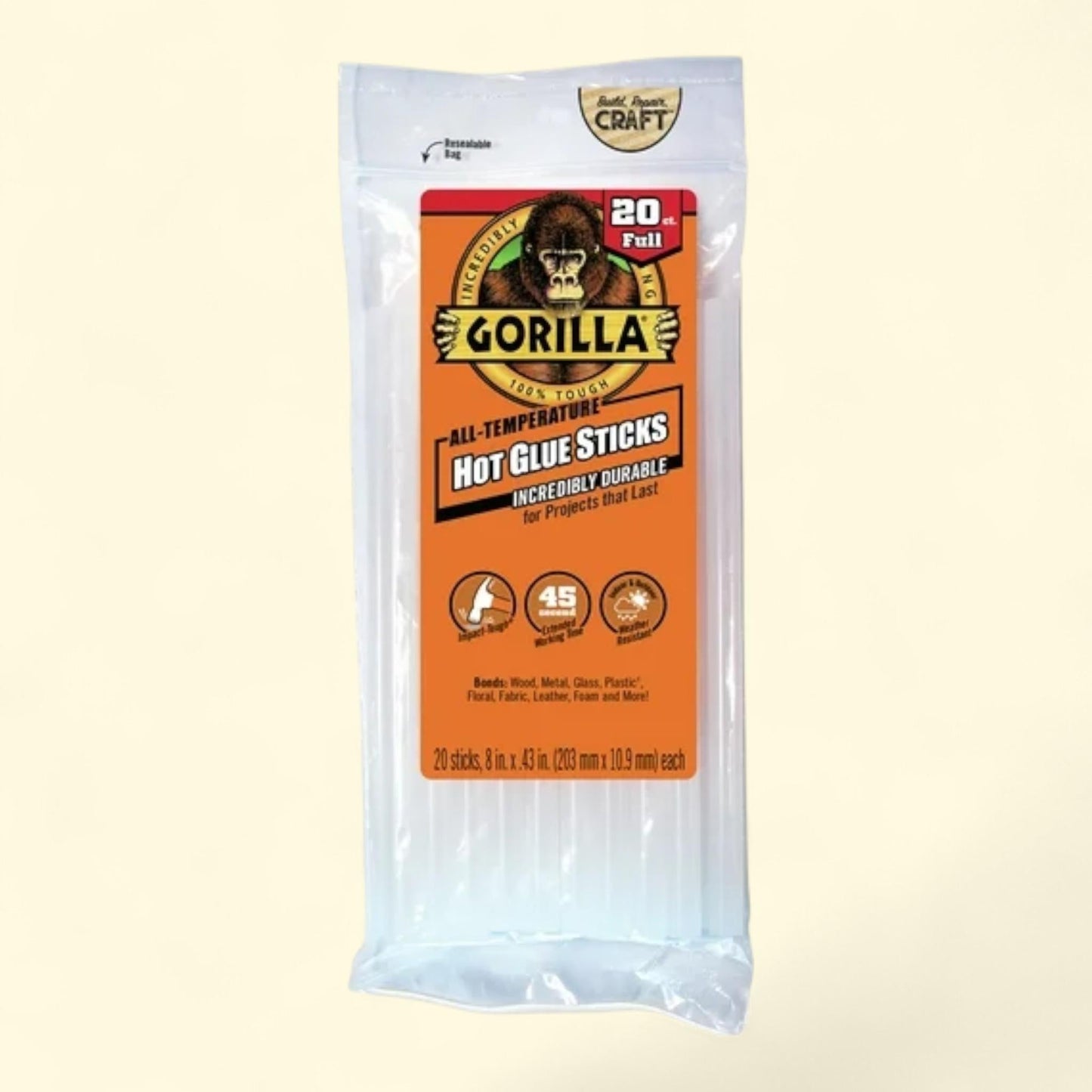 Gorilla Glue Hot Glue Sticks, 8" x .43", 20-Count