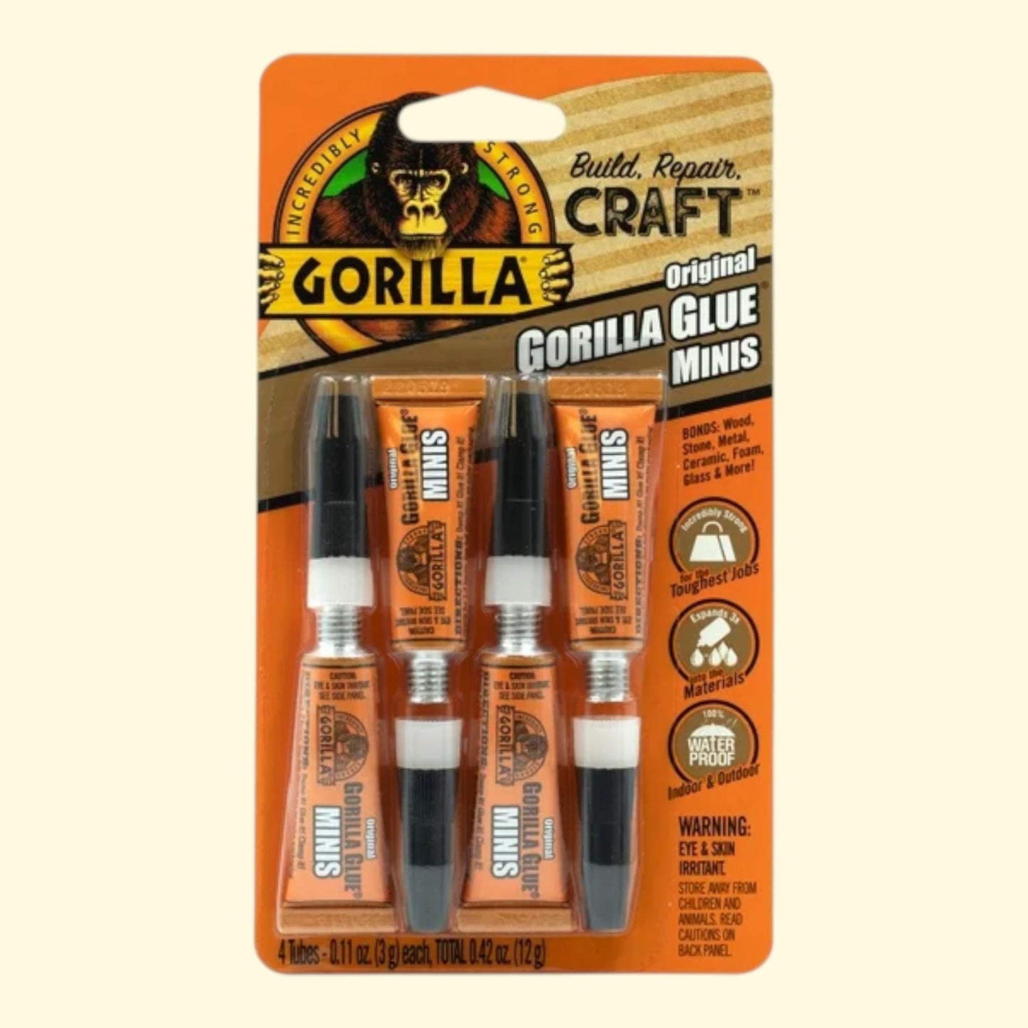 Gorilla Glue Original Brown Polyurethane Glue, 3g Mini Tubes, 4 Pack
