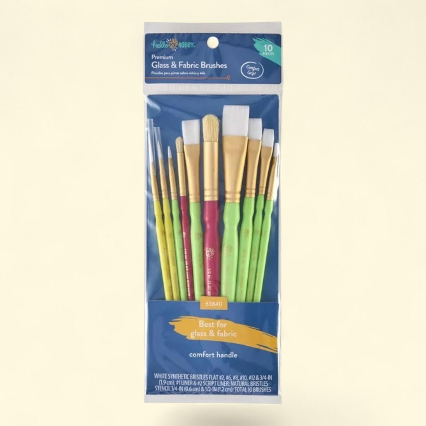 Hello Hobby Comfort Grip Glass & Fabric Paint Brush Set, 10 Pc