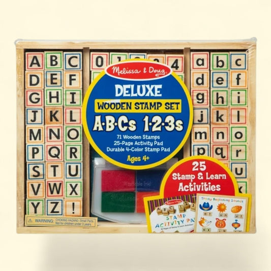 Melissa & Doug Letters and Numbers Wooden Stamp Set, ABCs 123s, Activity Book, 4-Color Stamp Pad, FSC Certified