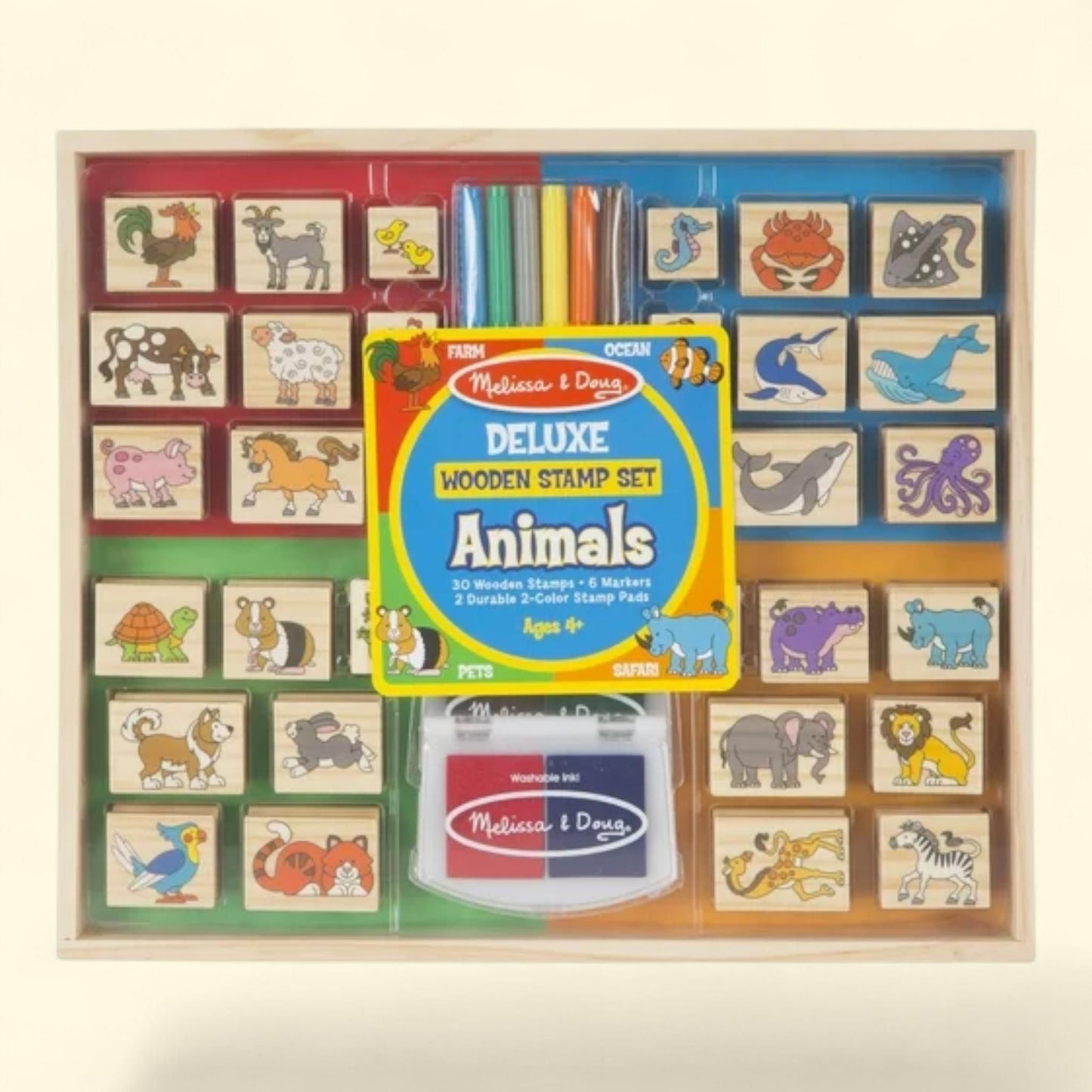 Melissa & Doug Deluxe Wooden Stamp Set: Animals, 30 Stamps