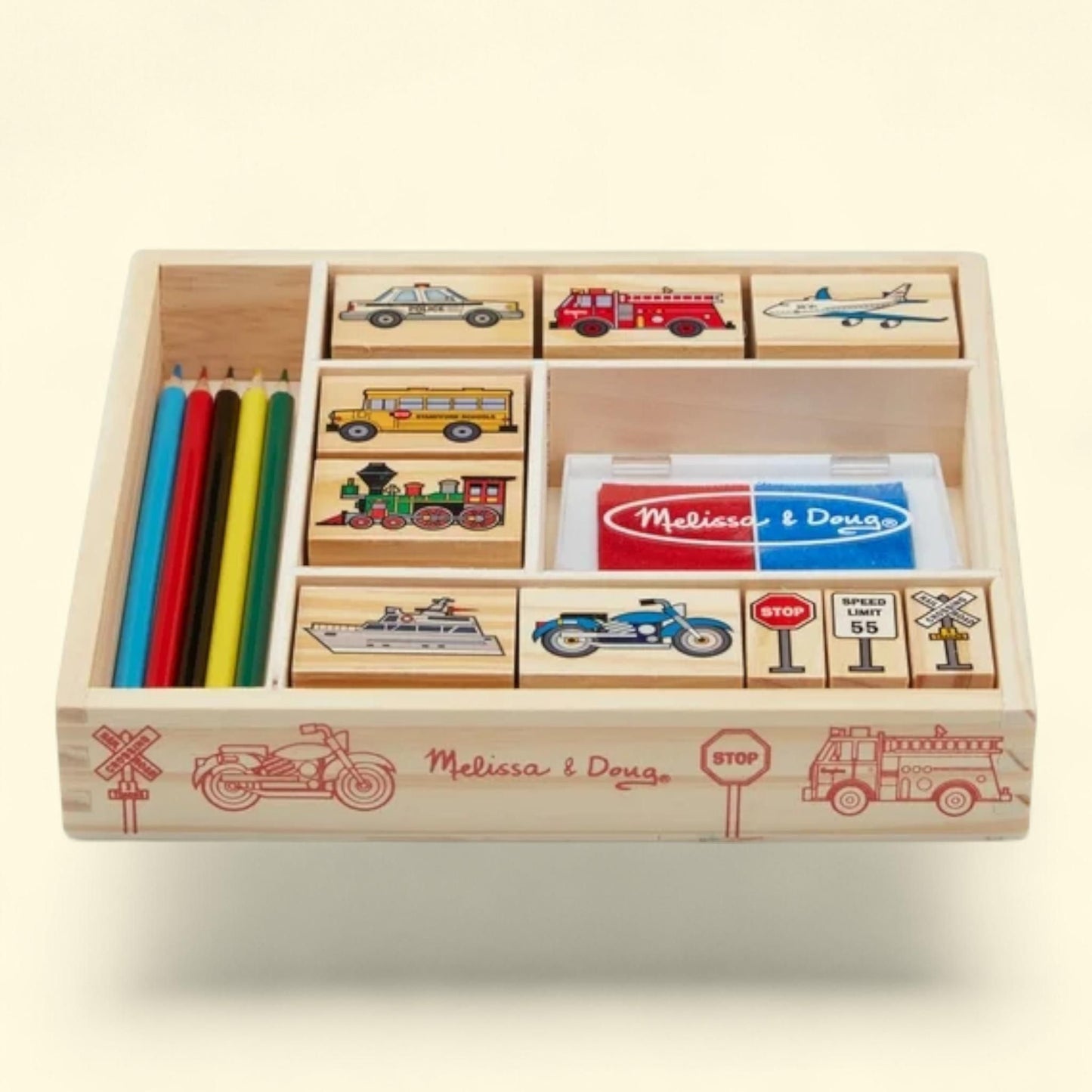Melissa & Doug Wooden Stamp Set: Vehicles, 10 Stamps, 5 Colored Pencils, 2-Color Stamp Pad