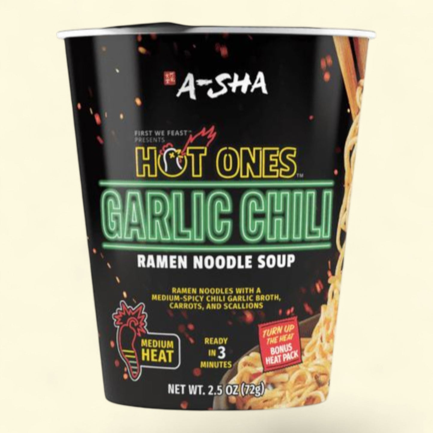 Hot Ones x A-Sha Garlic Chili Ramen Noodle Soup, 2.50 oz