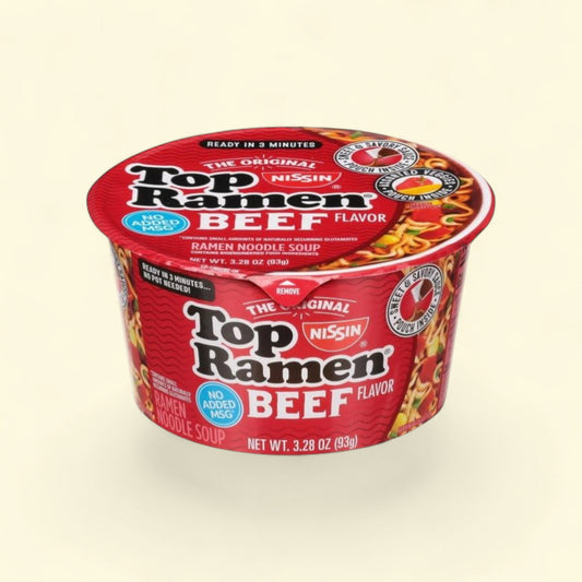 Nissin Foods Top Ramen, Beef Flavor, 3.28 oz Bowl — authentic US product shipped worldwide by Treatspree