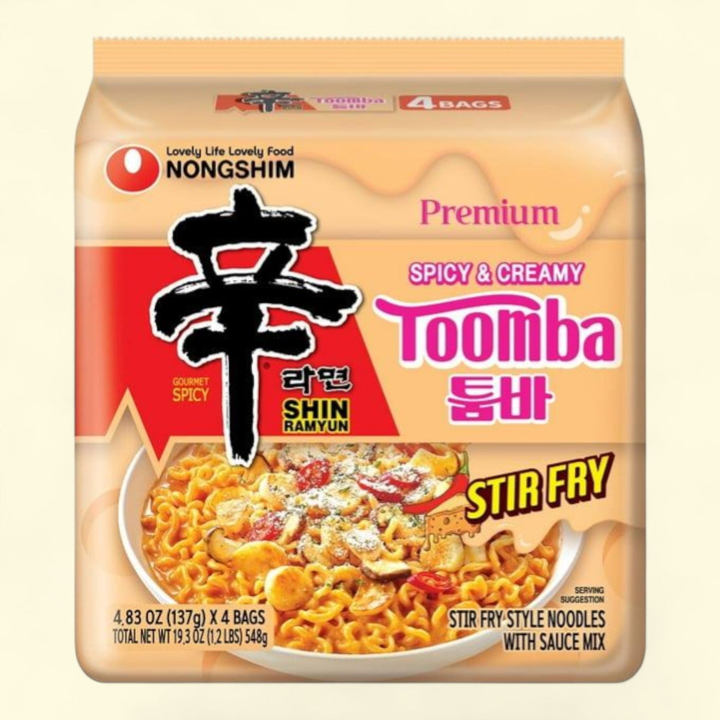 Nongshim Shin Toomba Stir Fry Creamy Ramen Noodle Soup Pack, 4.83 oz x 4 Count