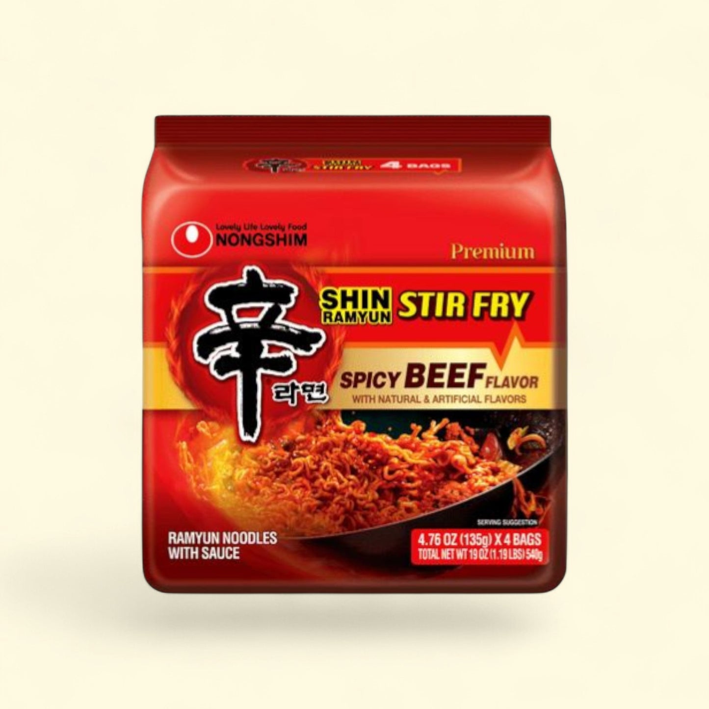 Nongshim Shin Spicy Beef Ramen Noodle Pack, 4.65oz x 4 Count — authentic US product shipped worldwide by Treatspree