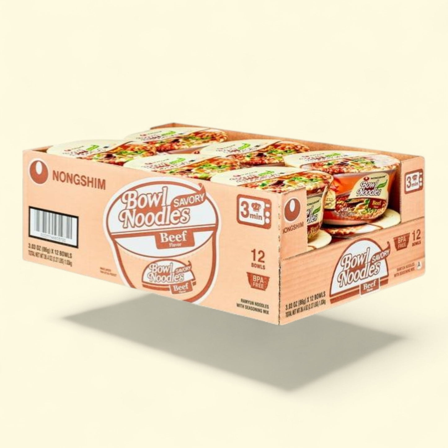 Nongshim Bowl Noodle Savory Beef Ramyun, 3.03oz x 12 Count