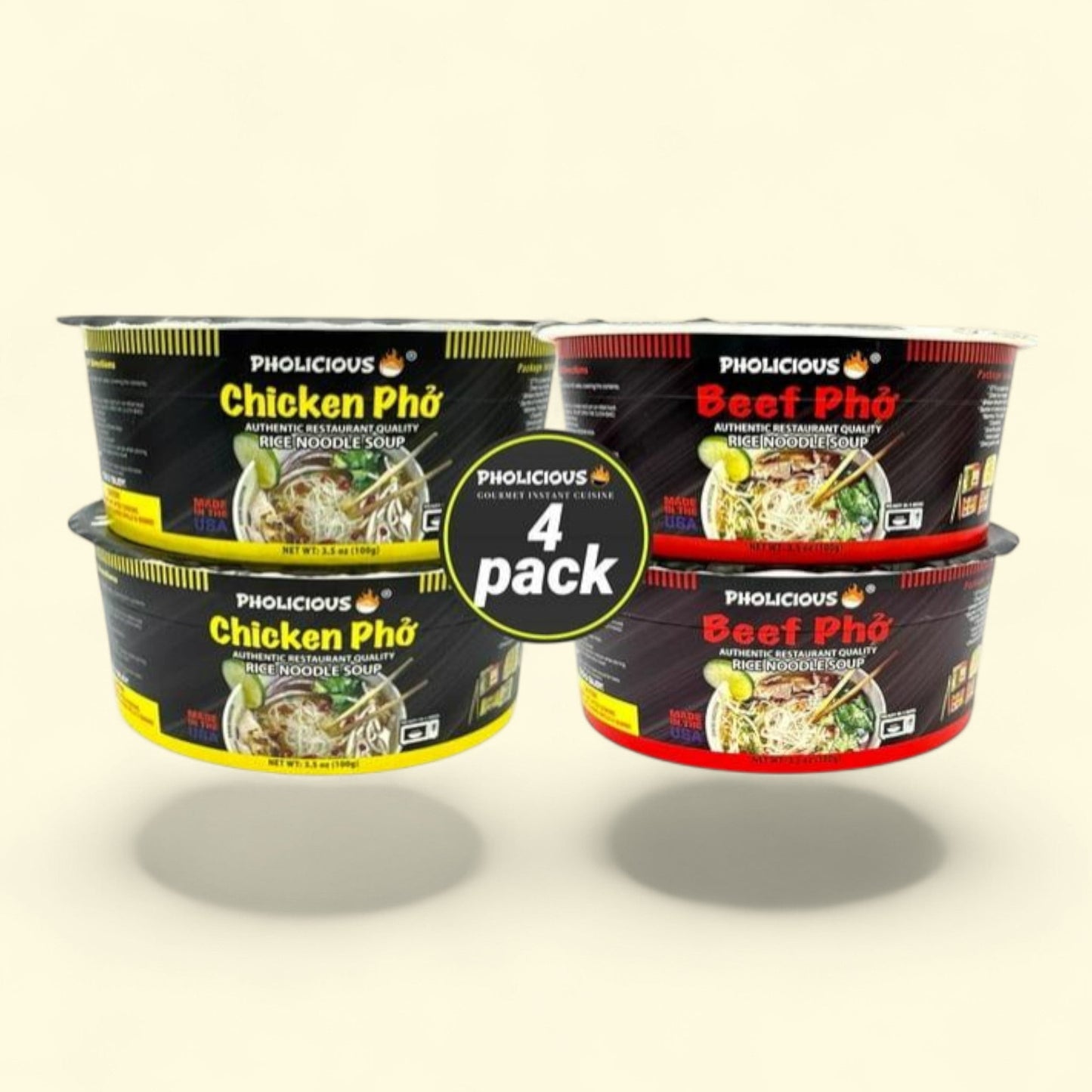 Pholicious Instant Pho Variety Pack, 4 Count Combo Box, 3.6 Ounce Bowls