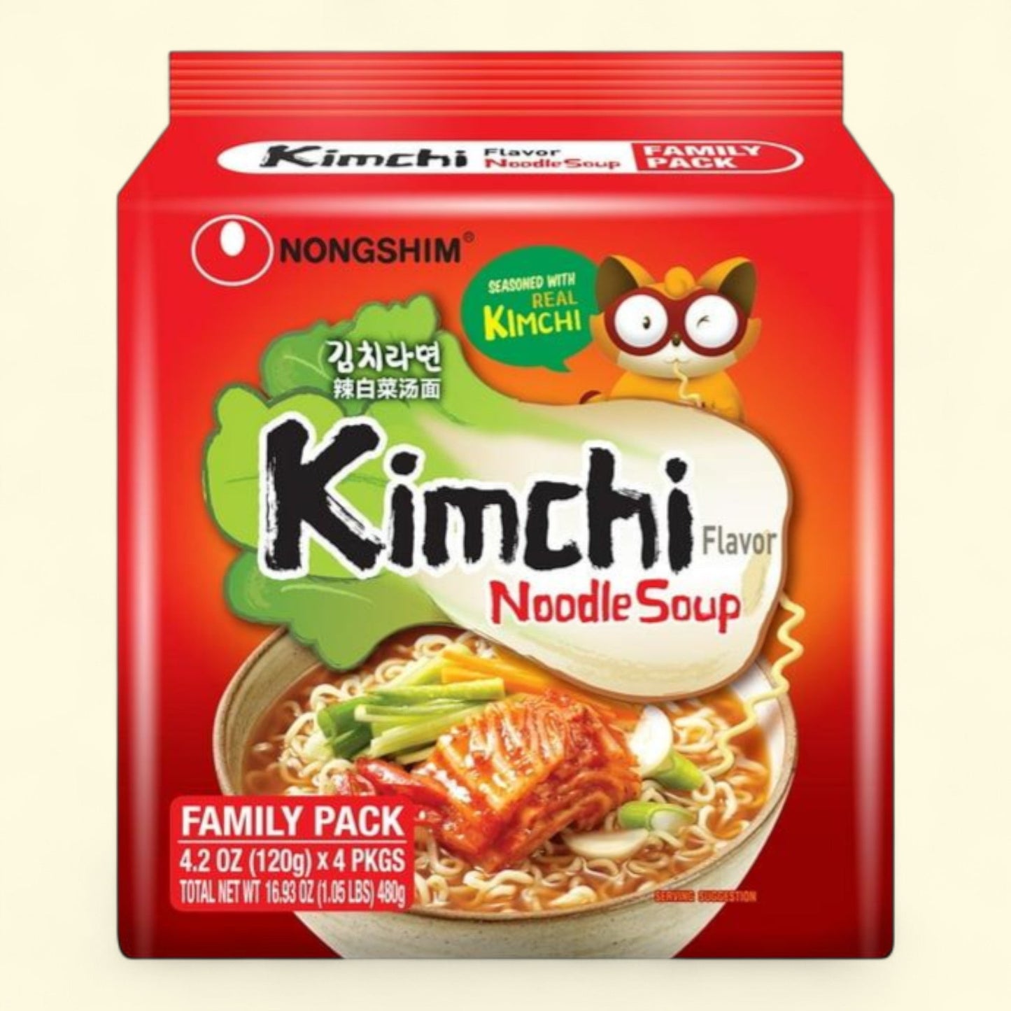 Nongshim Kimchi Spicy Red Chili Ramyun Ramen Noodle Soup, 4.2oz x 4 Count