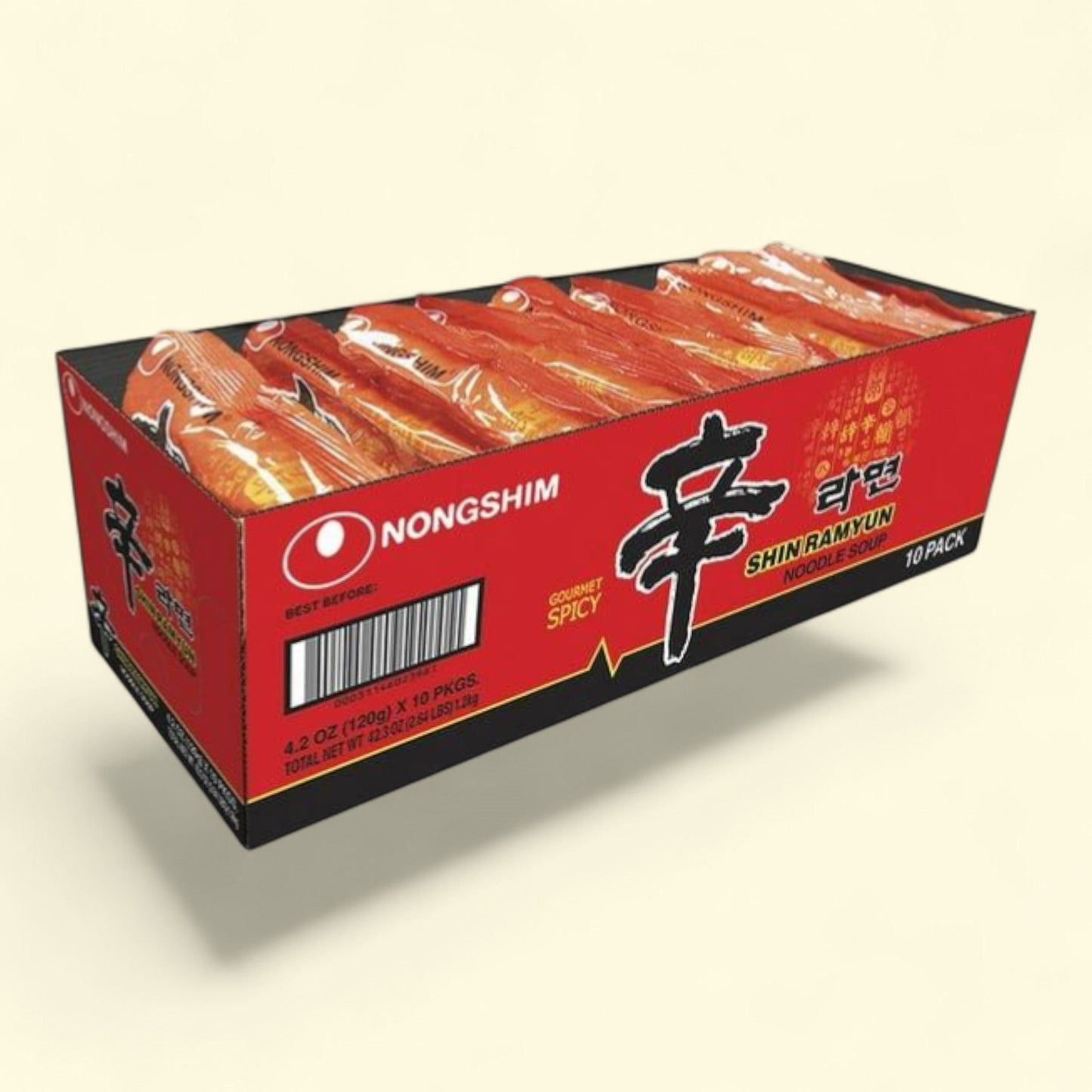 Nongshim Shin Ramyun Spicy Beef Ramen Noodle Soup, 4.02oz x 10 Count