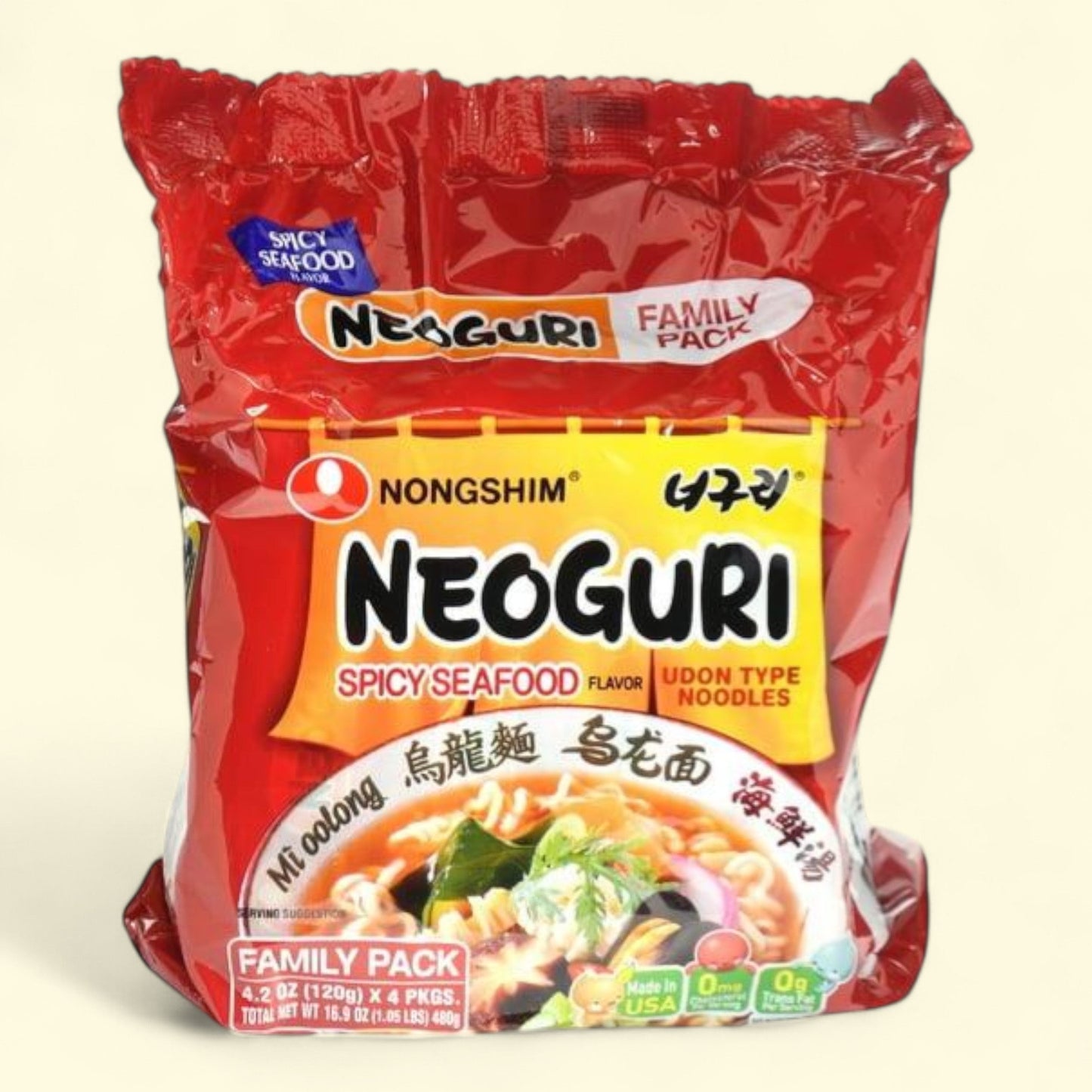 Nongshim Neoguri Spicy Seafood Ramyun Ramen Noodle Soup, 4.2oz x 4 Count