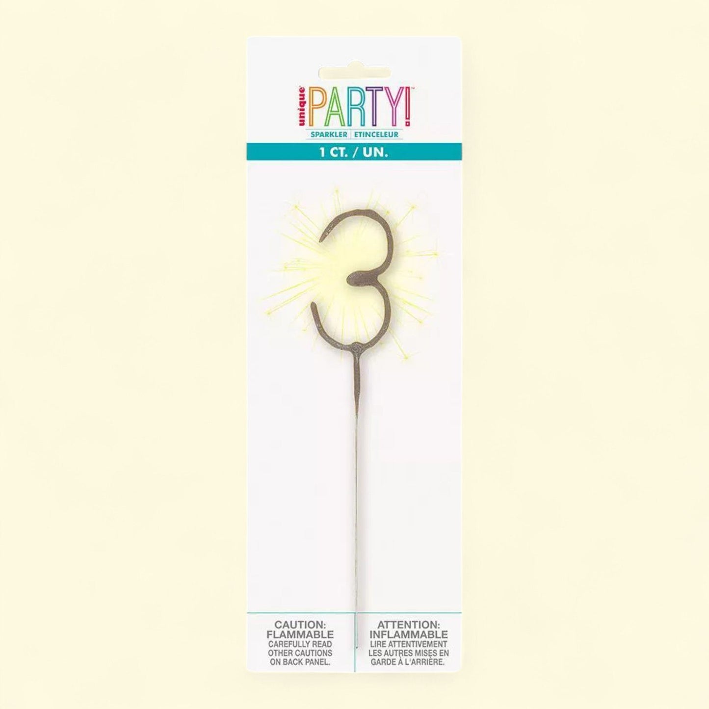 Unique Industries Number 3 Sparkler Flame Cake Candle: Gold Birthday Candle, 7" Wax