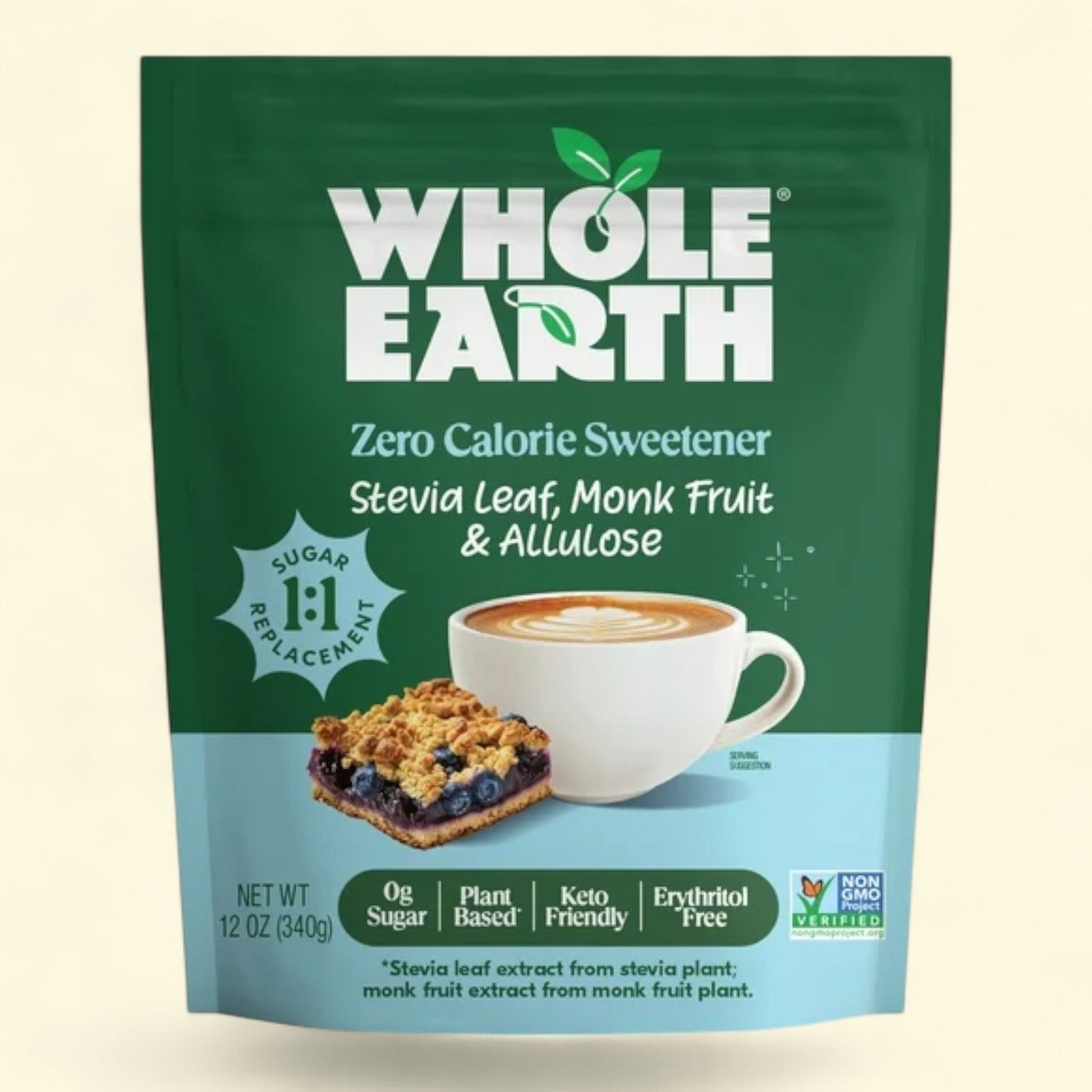 Whole Earth Stevia Leaf, Monk Fruit and Allulose Blend, 12oz Bag