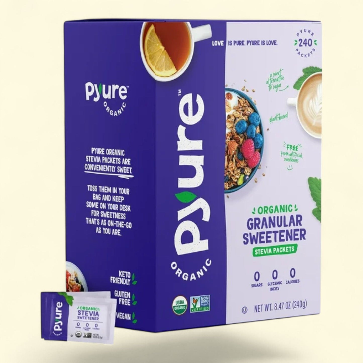 Pyure Organic Stevia Granular Sweetener Packets, 8.47 Oz, 240 Ct