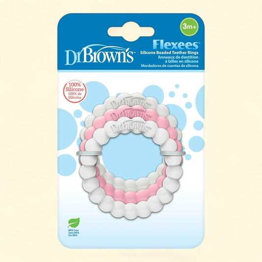 Dr. Brown's Flexees Baby Teether, Beaded Rings, 100% Silicone, Gray/Pink/White, Infant-Toddler, 3-Pack