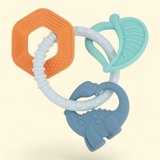 Nuby Silicone Chewy Charms Teething Ring, Multicolor Dinosaur, Babies