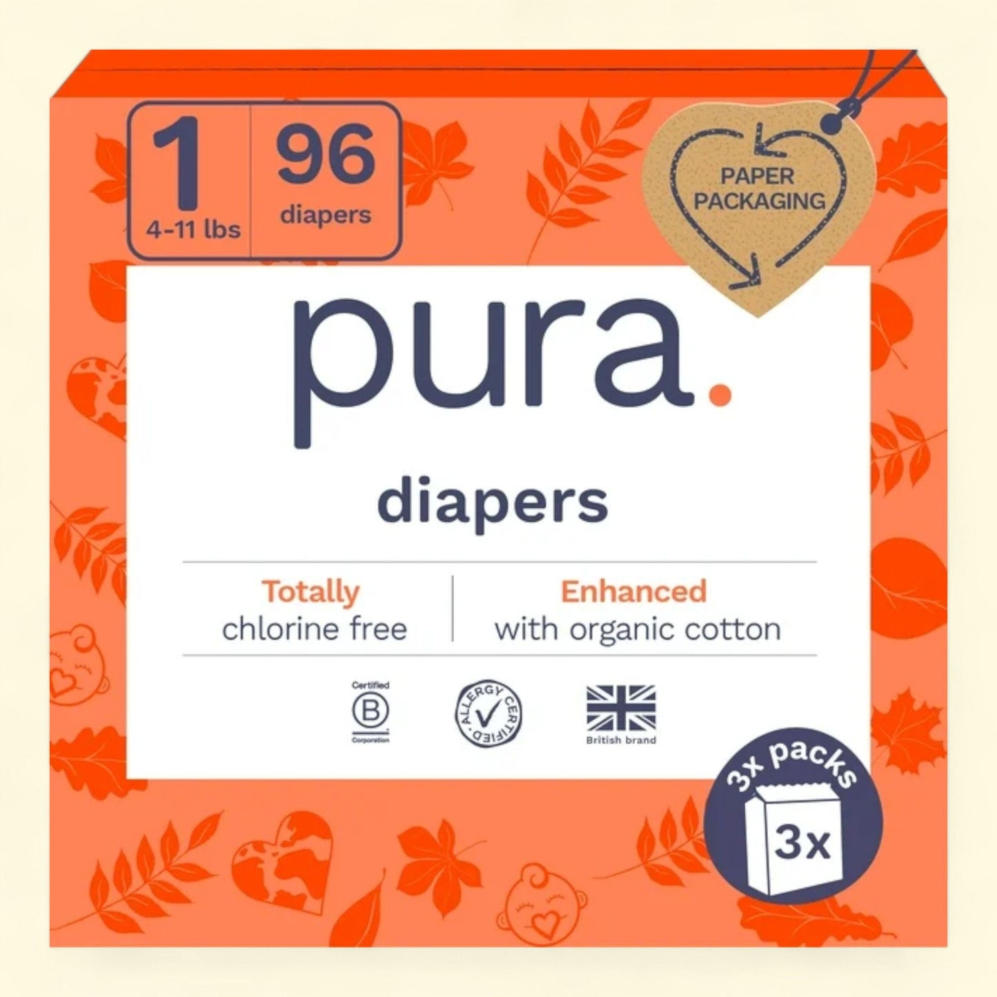 Pura Baby Diapers, Size 1, 96 Count