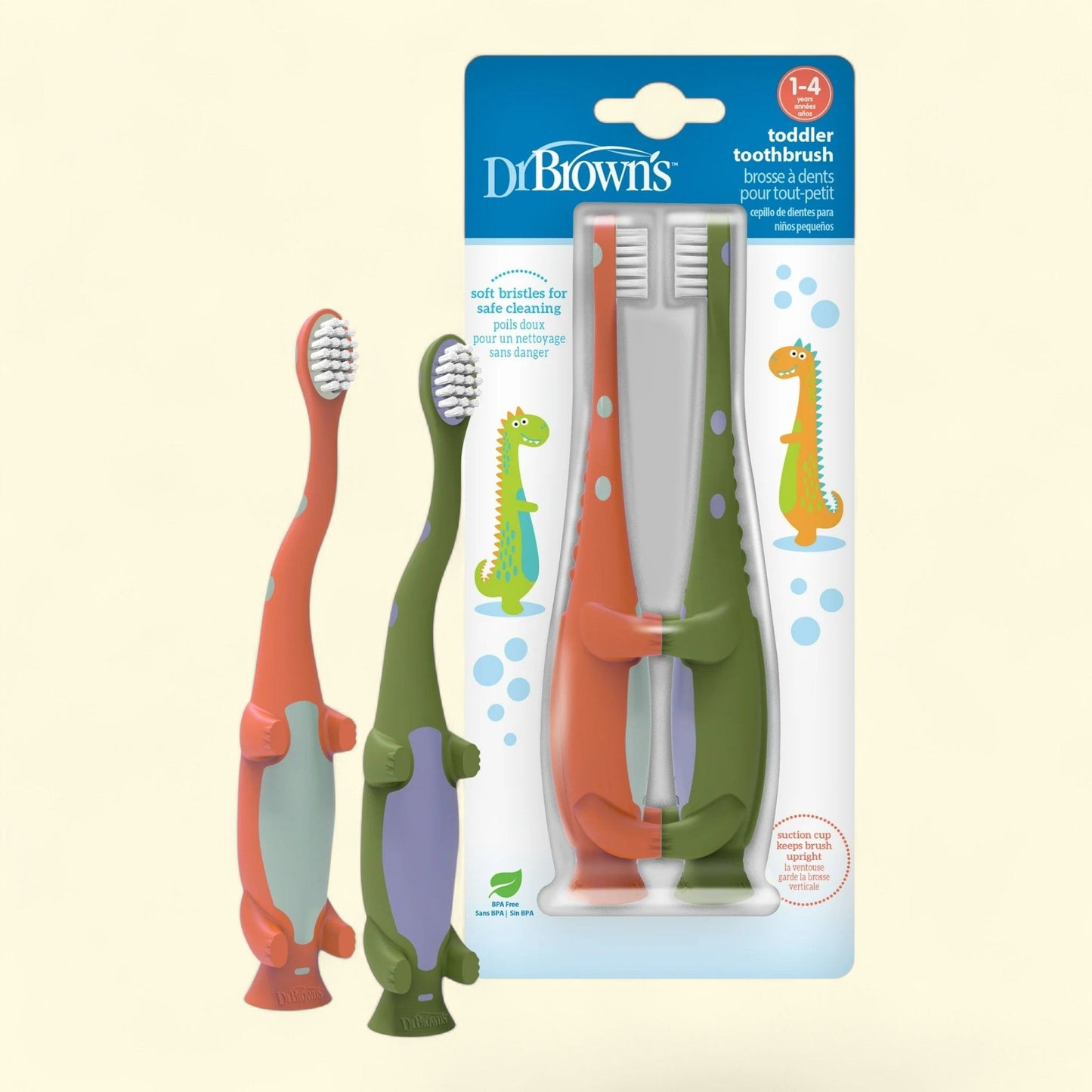 Dr. Brown's Training Toothbrush, Soft Bristles, Green/Orange Dino, 1-4 Years, 2 Pack