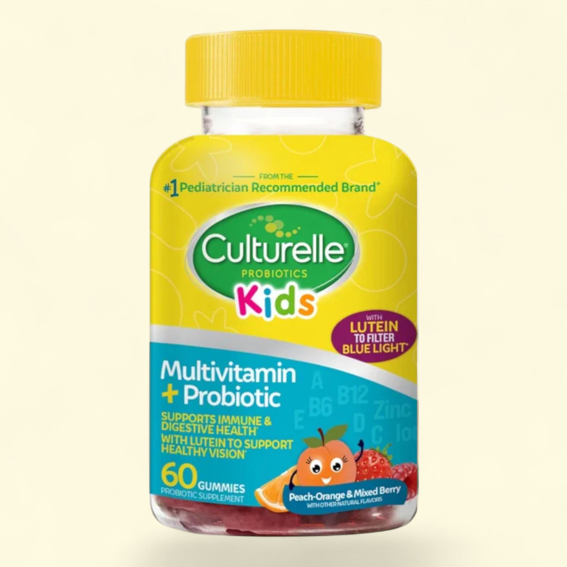 Culturelle Kids Multivitamin + Probiotic gummy bottle on a beige background