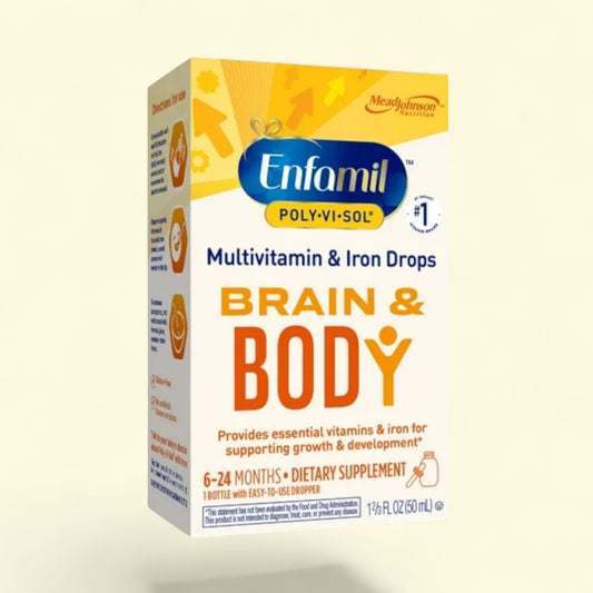 Enfamil Multivitamin & Iron Drops packaging on a white background