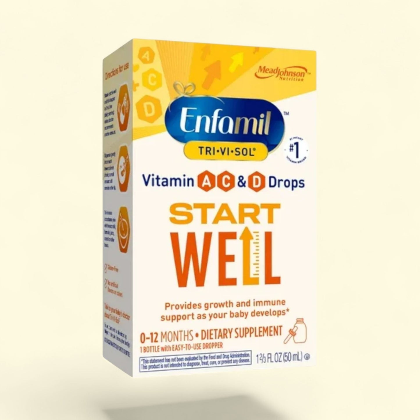 Enfamil Tri-Vi-Sol Vitamin A, D & D drops packaging on a white background