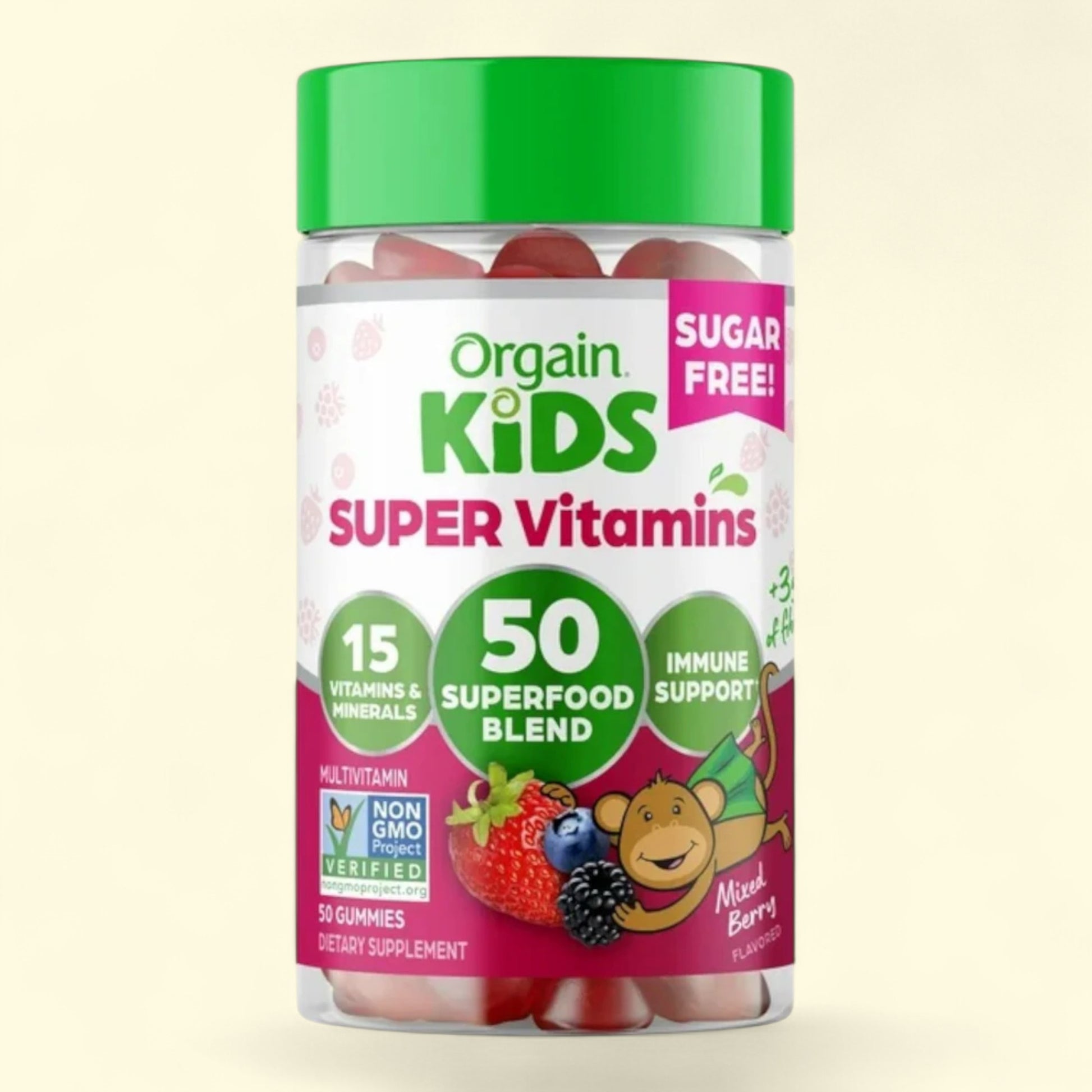 Orgain Kids Super Vitamins container with a green lid on a beige background