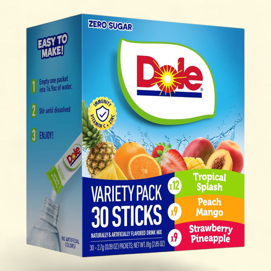 Dole Powder Drink Mix Variety Pack, Tropical, Peach Mango & Strawberry Pineapple, Sugar-Free, 30 Ct