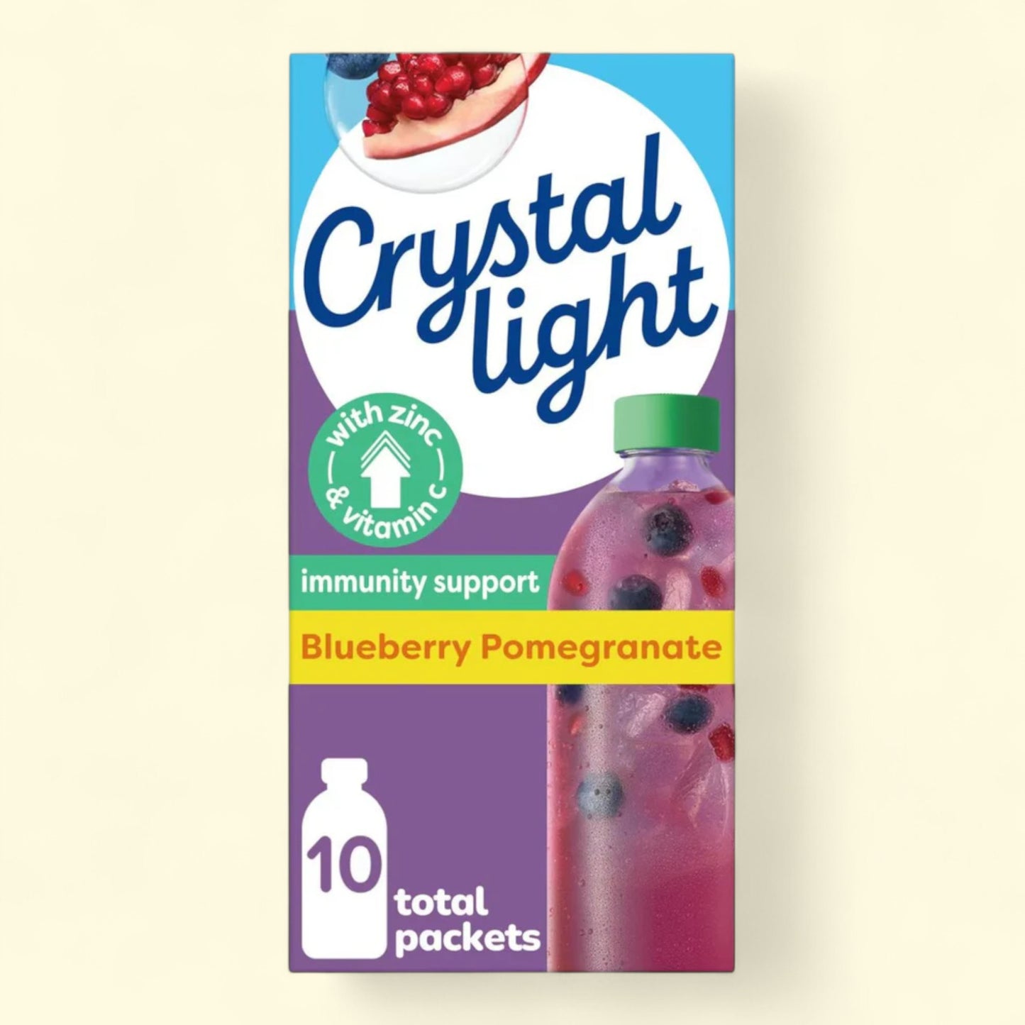 Crystal Light Blueberry Pomegranate flavor packet on a light beige background