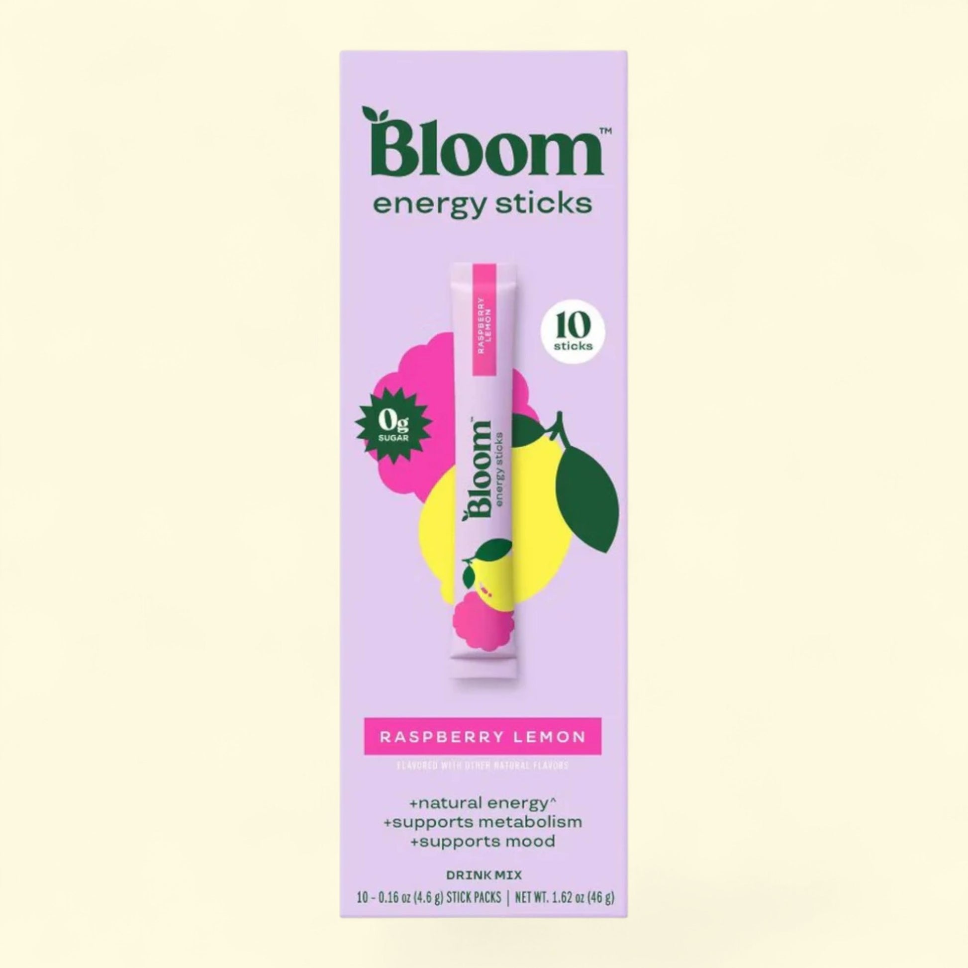 Bloom energy stick packaging with raspberry lemon flavor on a light yellow background