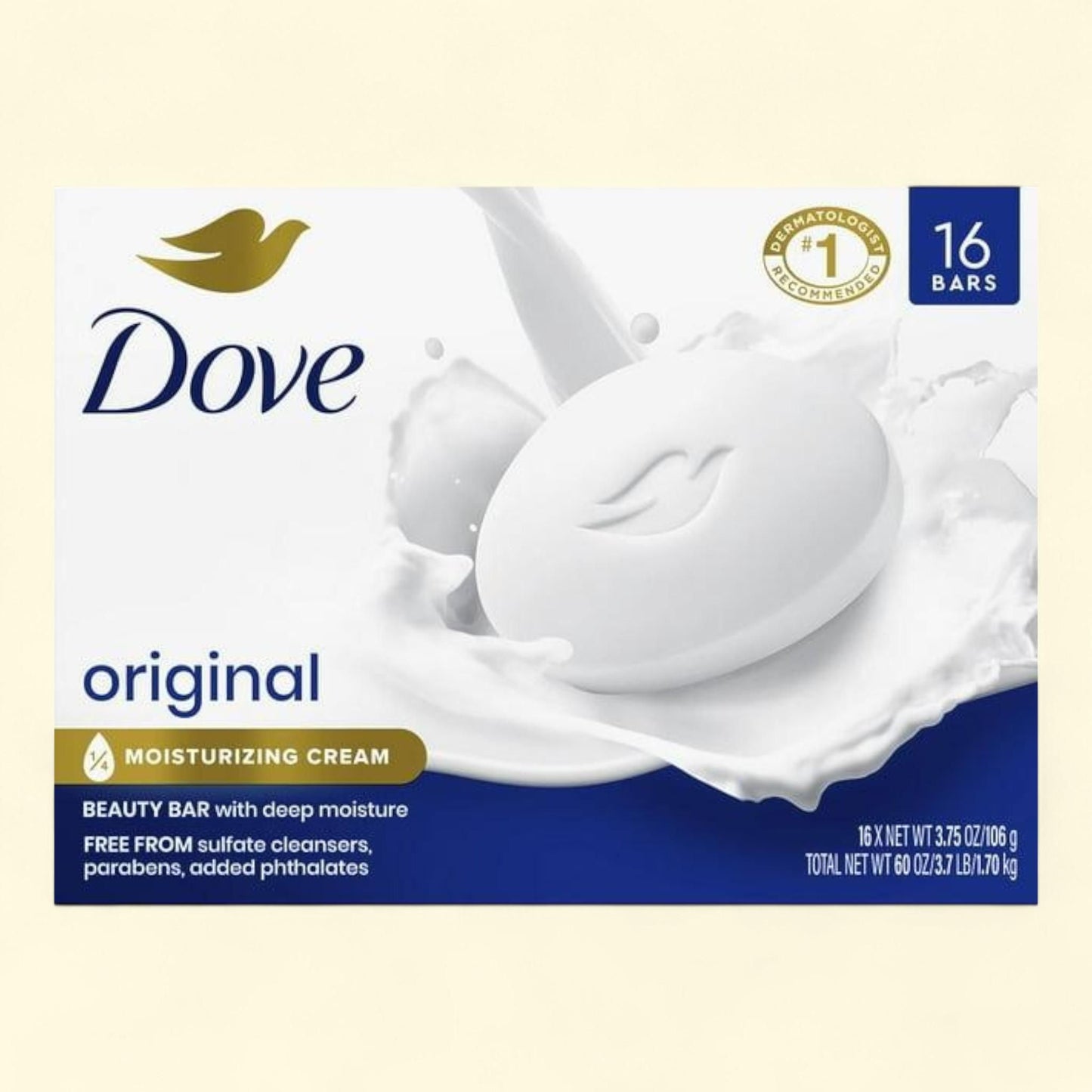 Savon en pain Dove Beauty, Original White, 106 g, paquet de 16