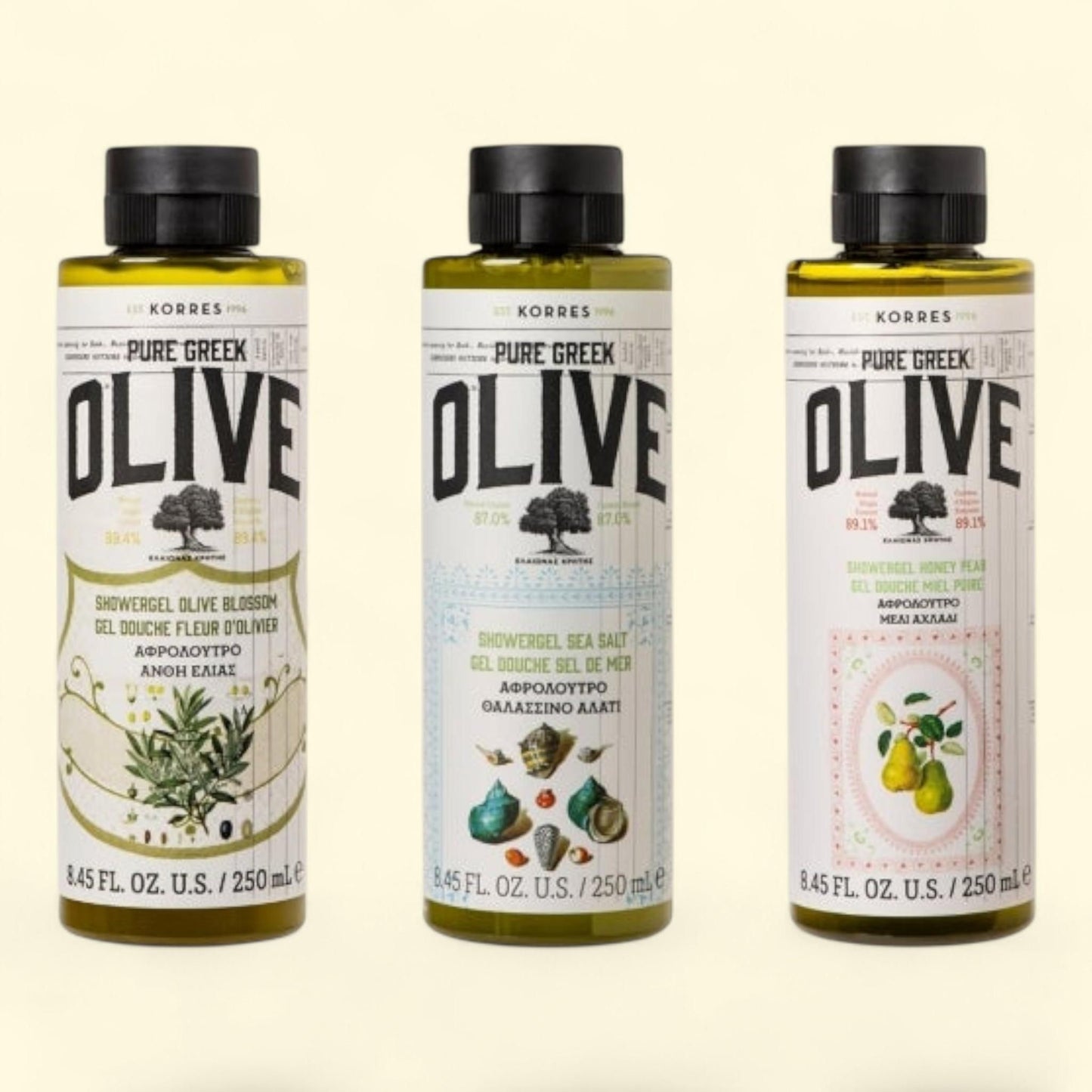 Trio de gels douche à l'huile d'olive pure de Grèce KORRES, 250 ml