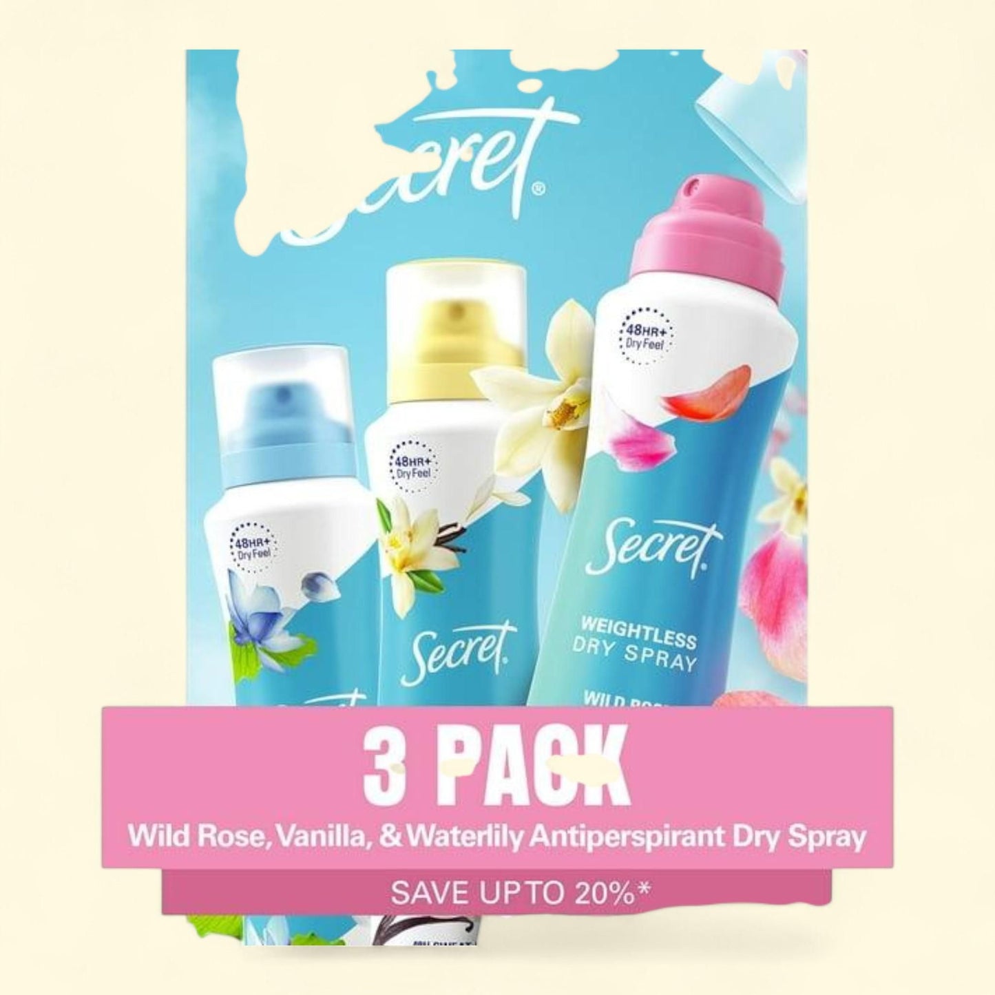Secret Dry Spray Women's Antiperspirant Deodorant, Vanilla, Wild Rose & Waterlily, 4.1 oz., 3 pk.