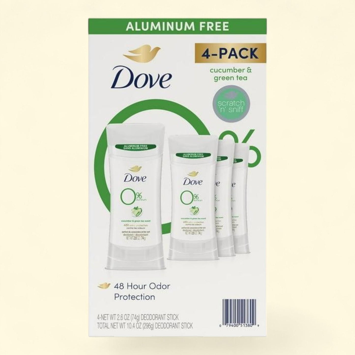 Dove 0% Aluminum Deodorant, Cucumber and Green Tea., 2.6 oz., 4 pk.