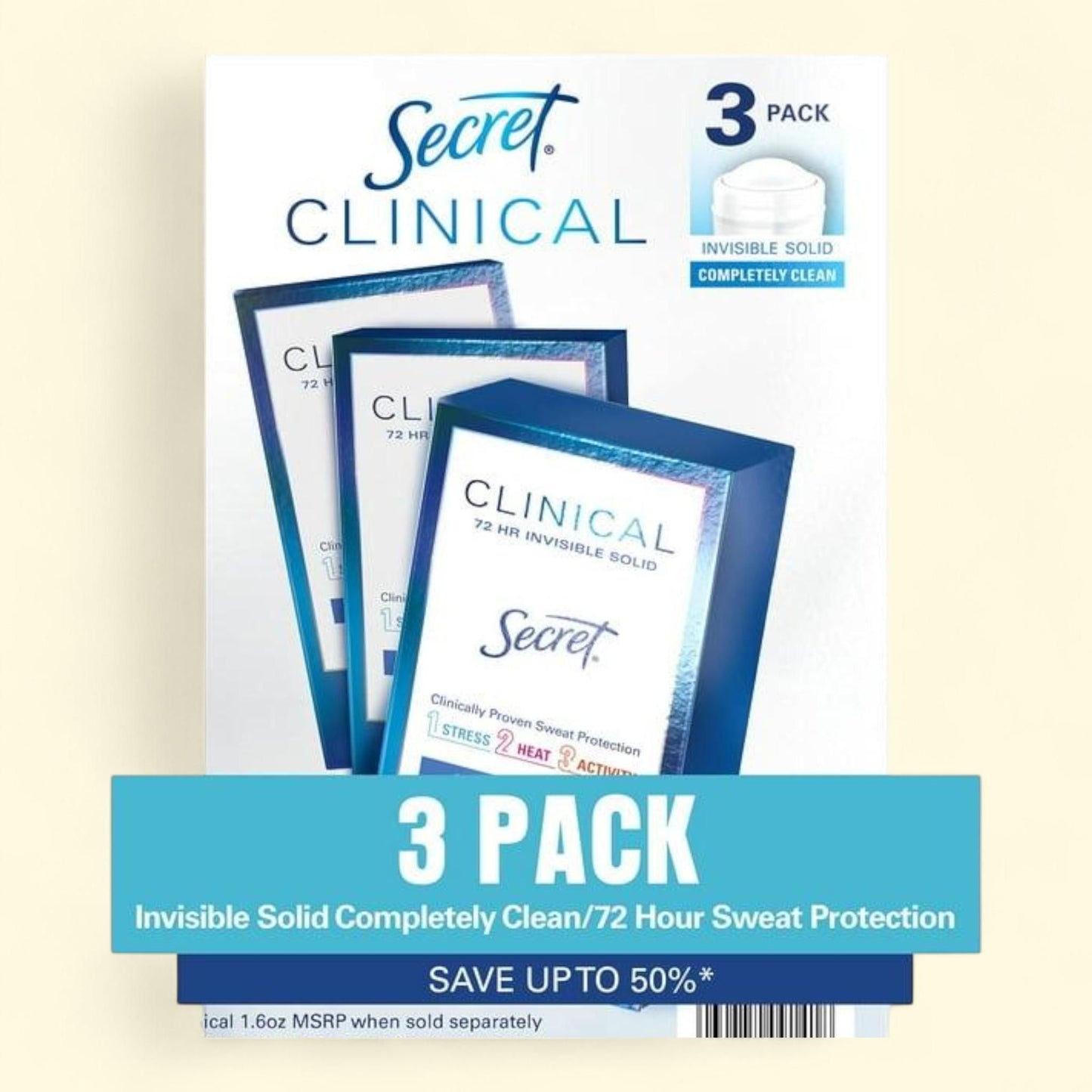 Secret Clinical Invisible Solid Antiperspirant and Deodorant, Completely Clean, 1.6 oz., 3 pk.