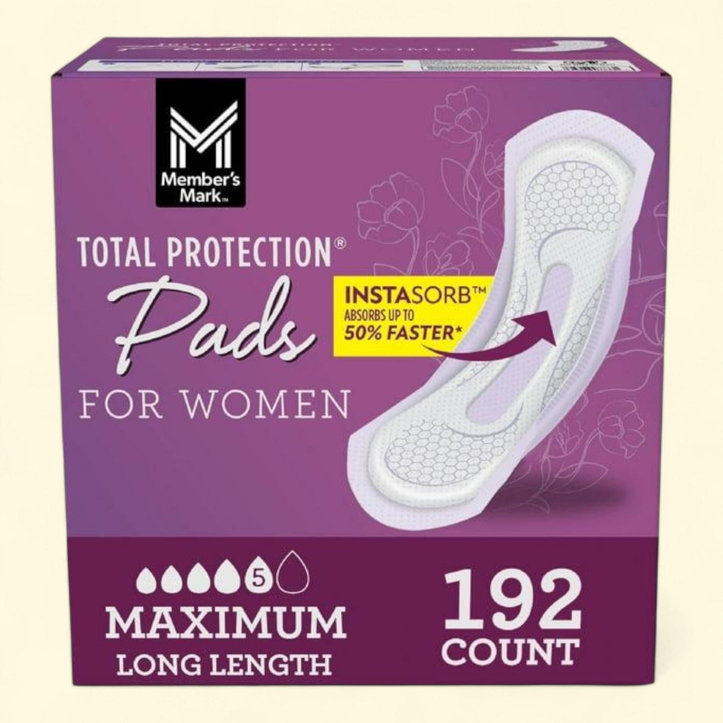 Member's Mark Total Protection Maximum Long Pads, 192 ct.