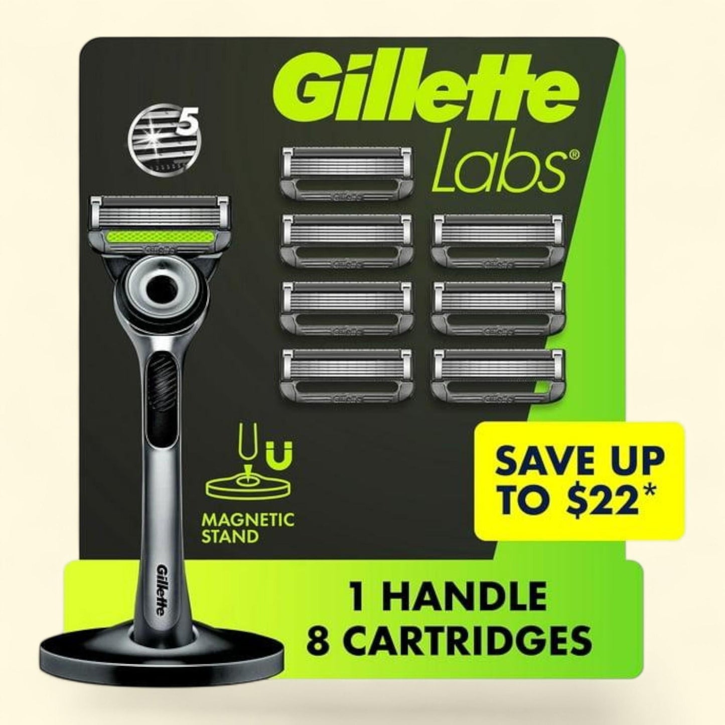 GilletteLabs Men's Exfoliating Razor, 5 Blade, Handle + 8 Cartridges