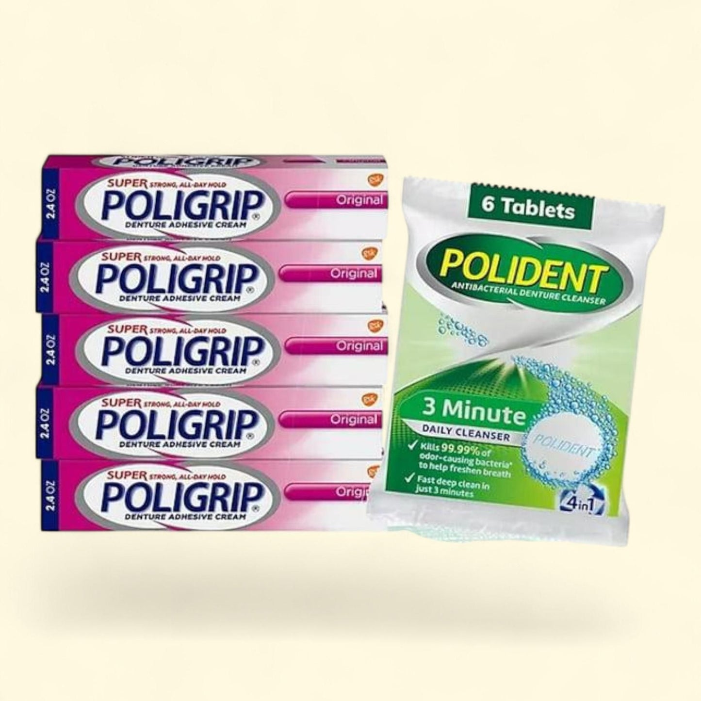 Poligrip Denture Adhesive Cream 2.4 oz., 5 ct. + Polident Cleanser 6 Tablets