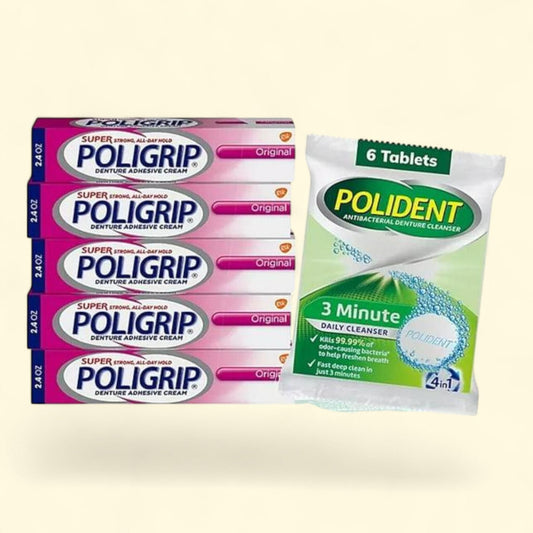 Poligrip Denture Adhesive Cream 2.4 oz., 5 ct. + Polident Cleanser 6 Tablets