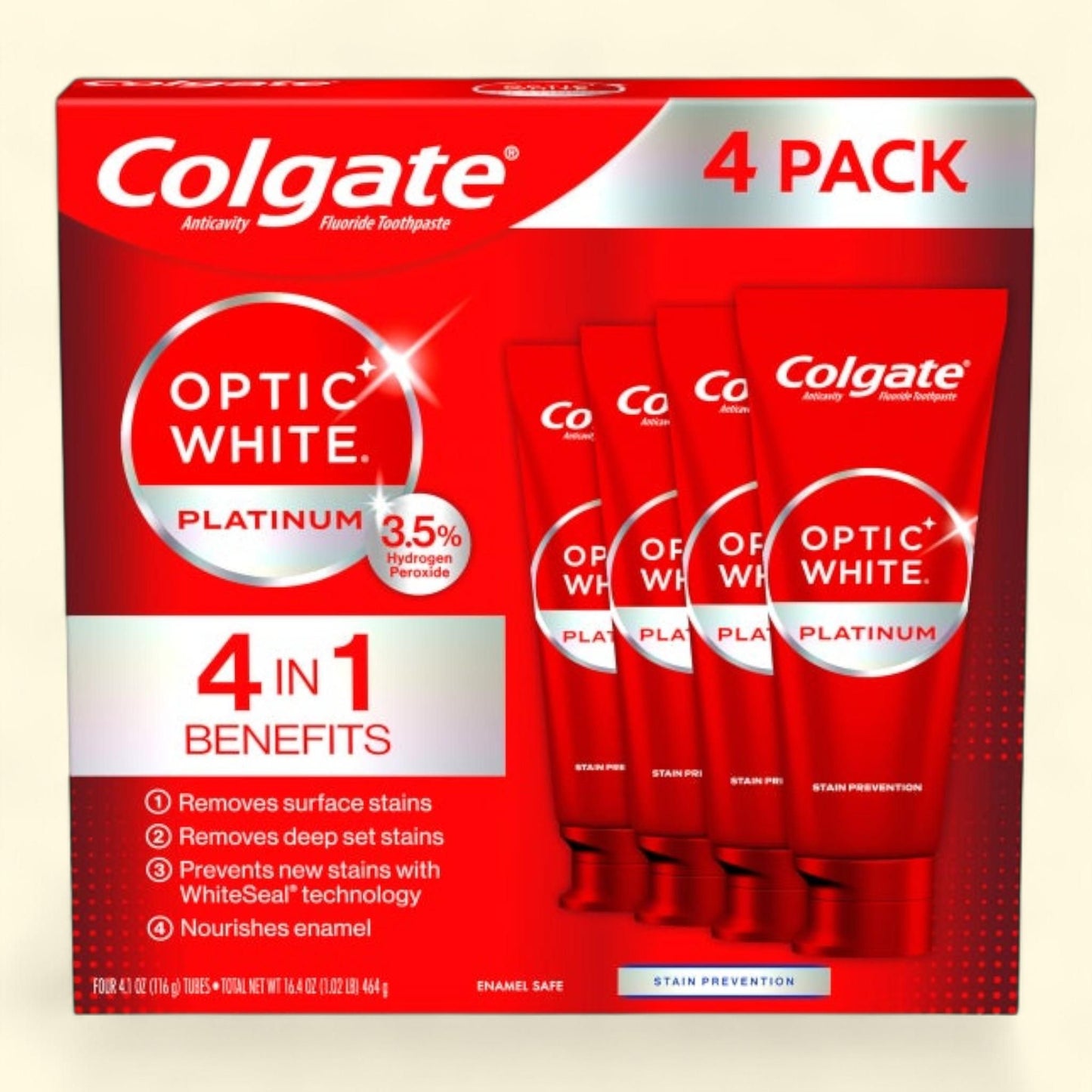 Colgate Optic White Platinum Toothpaste, 4.1 oz, 4-pack