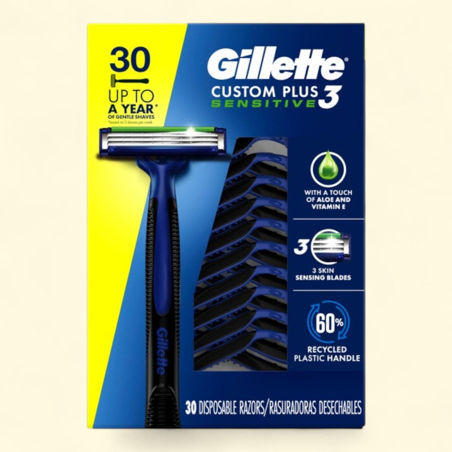Gillette Custom Plus3 Disposable Razors Sensitive, 30-count — authentic US product shipped worldwide by Treatspree
