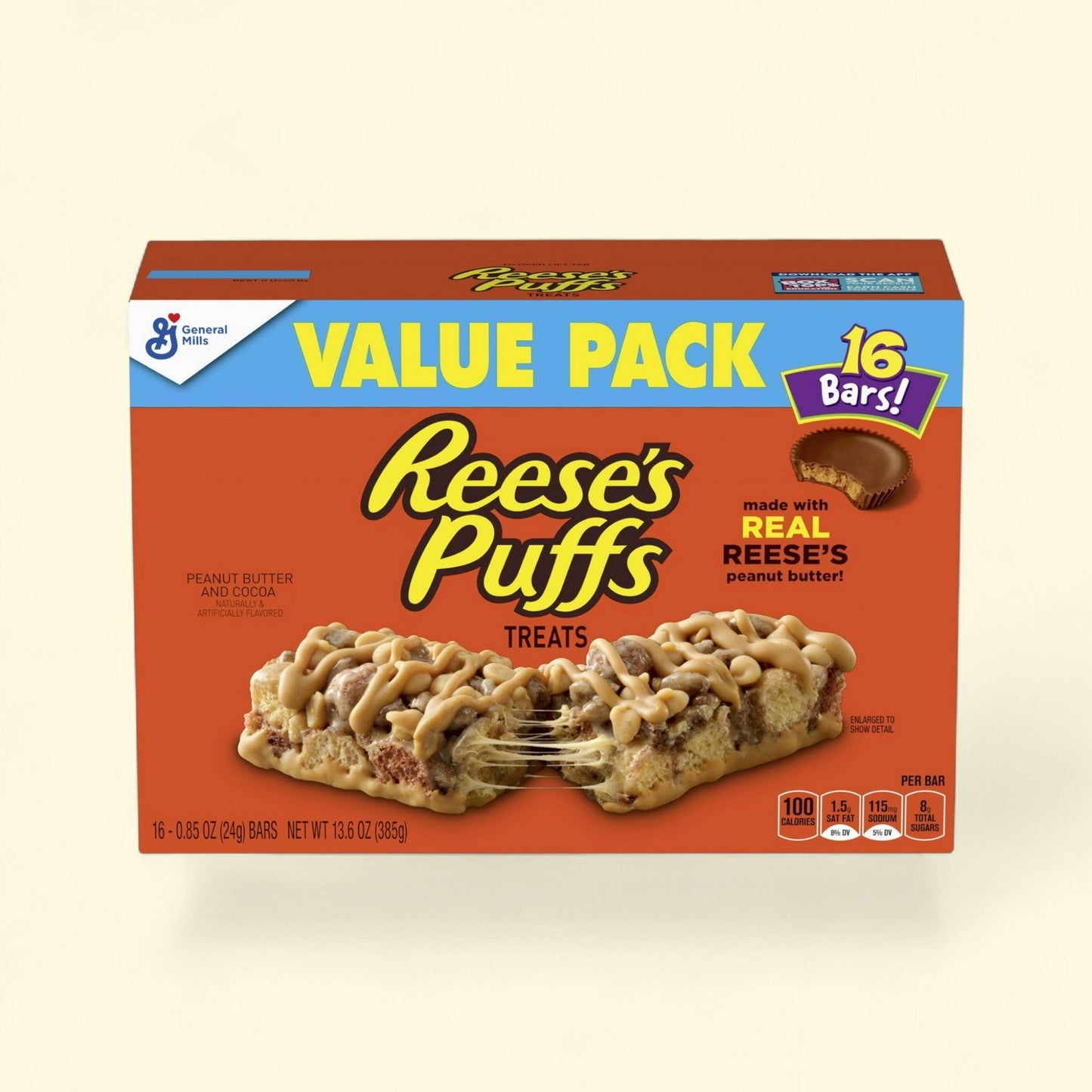 Box of Reese's Puffs Treats with a value pack label on a beige background