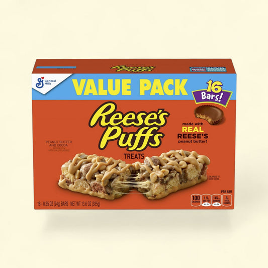 Box of Reese's Puffs Treats with a value pack label on a beige background
