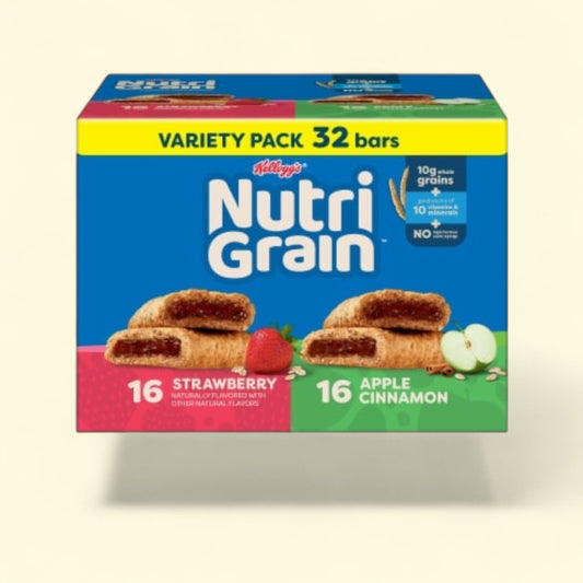 Box of Kellogg's Nutri-Grain bars with strawberry and apple cinnamon flavors on a beige background