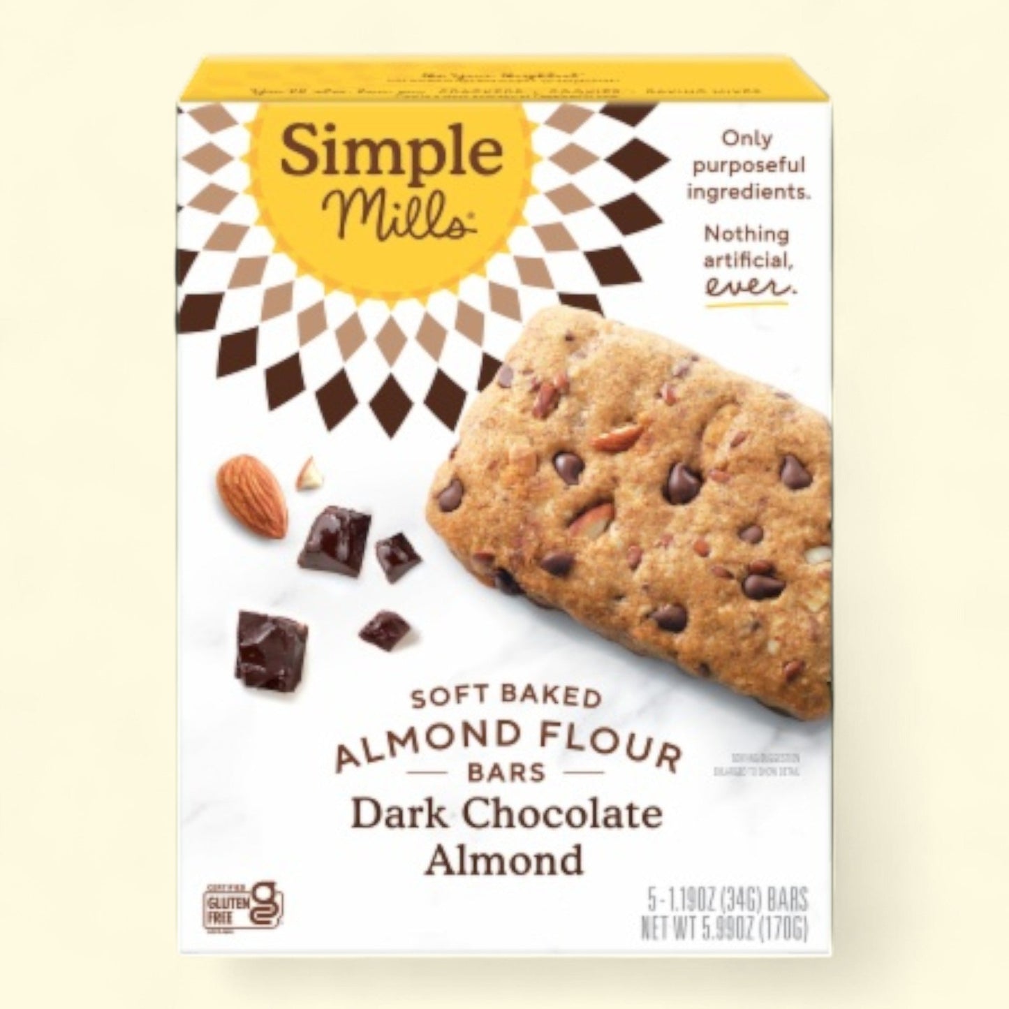 Simple Mills Dark Chocolate Almond Soft Baked Almond Flour Bars, 6.2 oz, 5 bars