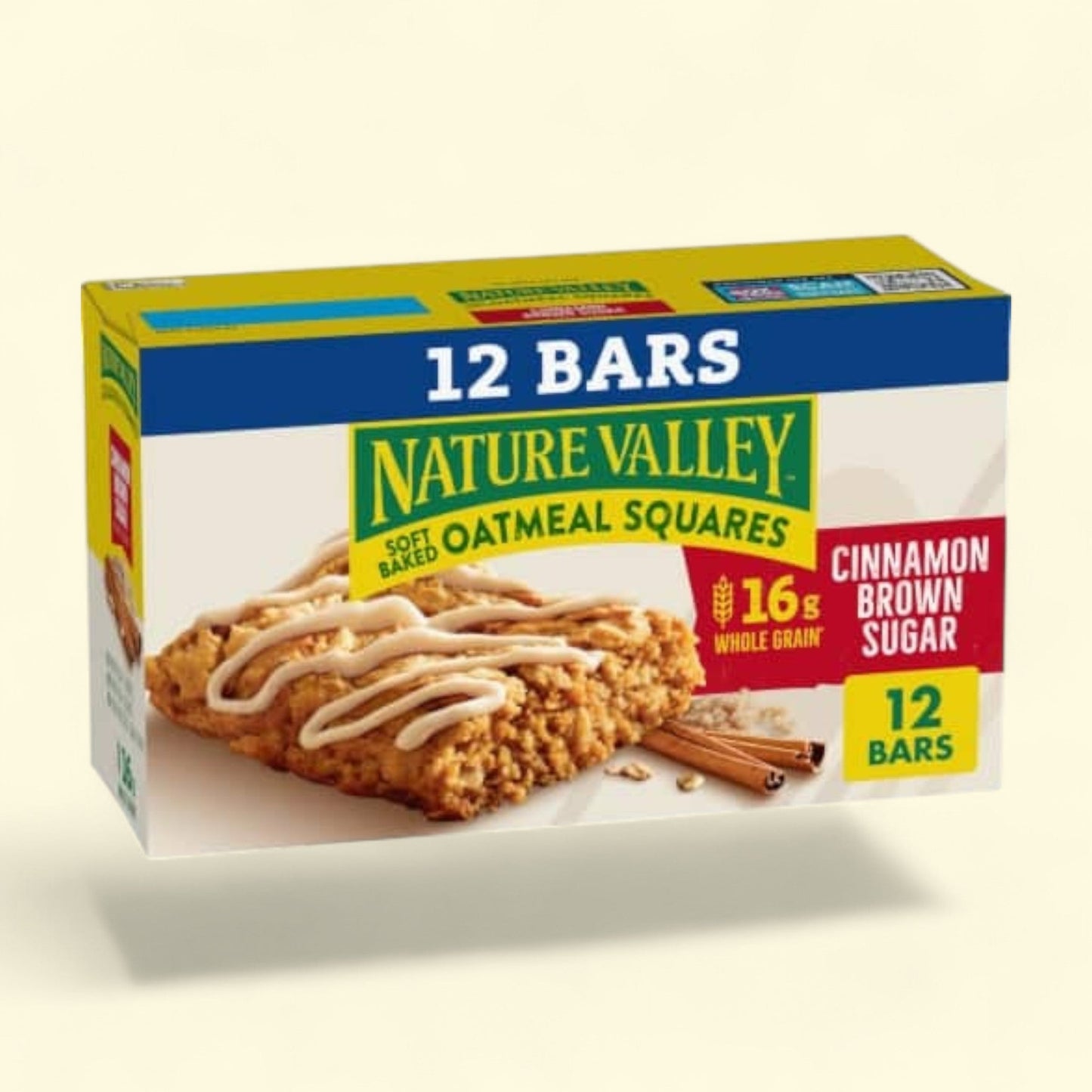 Box of Nature Valley Cinnamon Brown Sugar Oatmeal Squares on a beige background