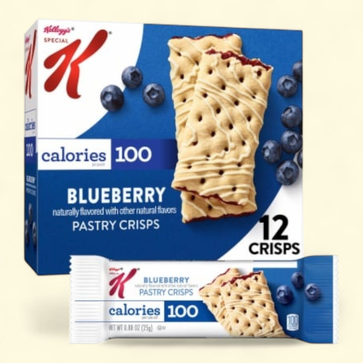 Kellogg's Special K Blueberry Pastry Crisps packaging with a close-up of a crisp and blueberries.