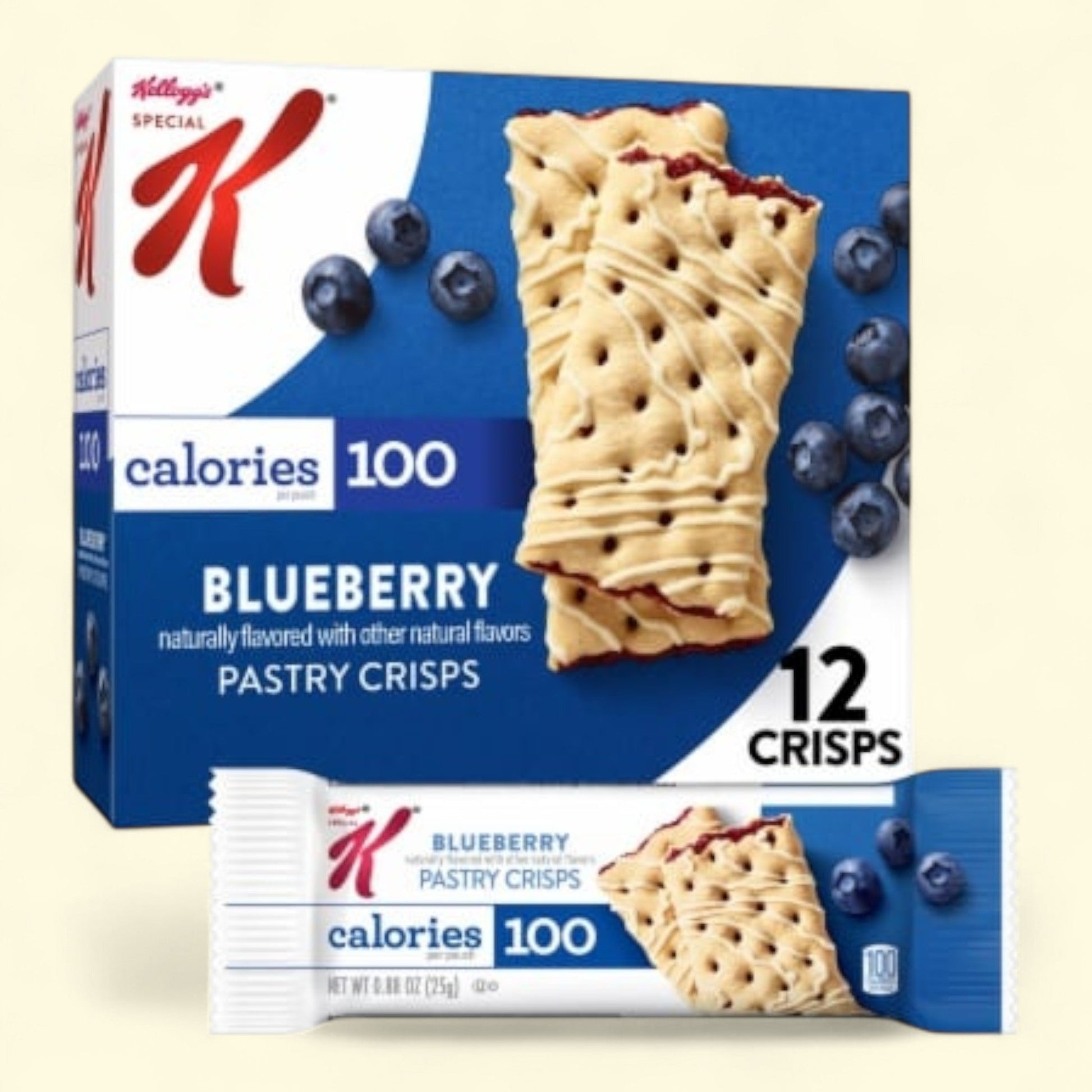 Kellogg's Special K Blueberry Pastry Crisps packaging with a close-up of a crisp and blueberries.