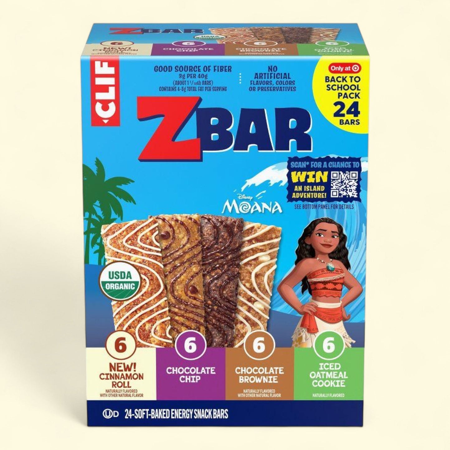Box of Clif ZBar energy snack bars featuring Disney's Moana on a beige background